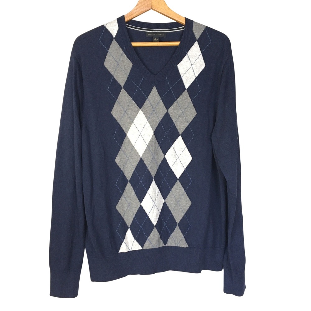 Banana Republic Cashmere Cotton Blend Men's Navy Argyle V-Neck Sweater Size L‎